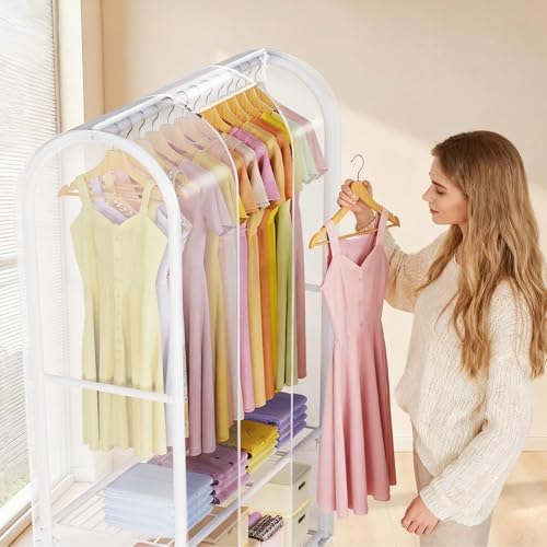 Univivi Rolling Clothes Rack with Clear Dust Cover and Bottom Storage Shelf - Image 6
