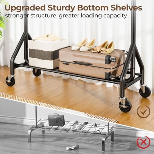 HYSEYY Heavy Duty Clothes Rack Load 450 LBS, Metal Garment Rack, Standing Rolling Clothing Rack for Hanging Clothes with Sturdy Wheels & Shelves, Portable Closet Wardrobe Rack,Black - Image 5