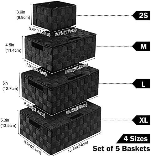 Storage Baskets with Lids: 5 Pack Stackable Woven Storage Bins, Black - Image 2
