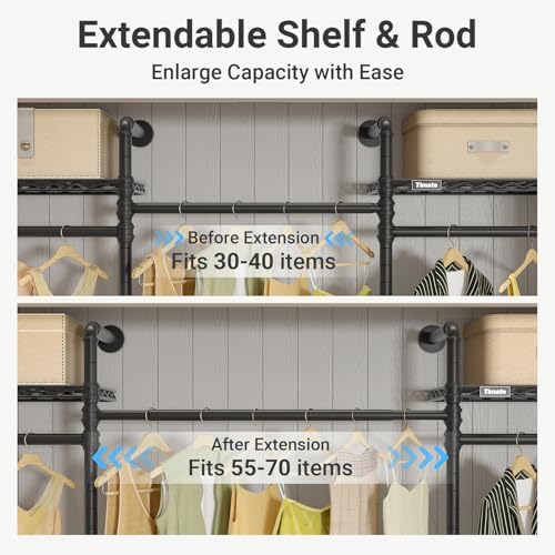 Timate F3 Medium Wall Mounted Clothes rack Expandable Closet, Industrial Pipe Clothing Rack for Hanging Clothes, Heavy Duty Clothes Rack with Shelves, Garment Rack Wall Closet System Black Pipe Closet - Image 3