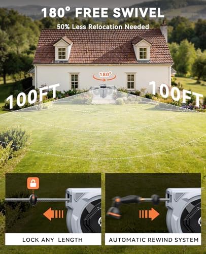 SUNPOW Retractable Garden Hose Reel - 5/8in x 100ft Heavy Duty Wall Mounted Hose Reel with 3/4in Brass Fitting & 10 Function Nozzle - Any Length Lock, Auto Rewind System, 180°Swivel Bracket - Gray - Image 4
