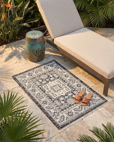 Rugs.com - Outdoor Aztec Rug – 2' x 3' 1 Charcoal Gray Indoor/Outdoor Rug – Weather-Resistant Flatweave for Patios, Decks, and Porches - Image 5