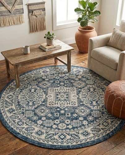 Rugs.com - Outdoor Aztec Rug – 4 Ft Round Blue Indoor/Outdoor Rug – Washable Flatweave for Patio, Deck, and Porch - Image 4