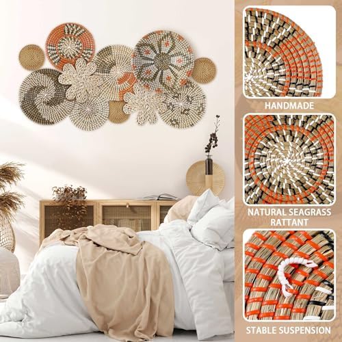 11 Pcs Boho Hanging Wall Basket Decor Handmade Woven Basket Wall Decorative Boho Wicker Baskets Placemats Round Farmhouse Bulrush Art for Rustic Home Decorations Christmas Gift(Cute) - Image 4