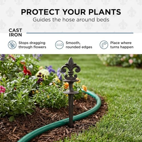 Lulu Decor, Antique Black Cast Iron Garden Fleur de lis Hose Guides, Set of 2. Strong and Decorative Hose Guide that Protects Your Plants and Provides Elegance to Your Garden - Image 2
