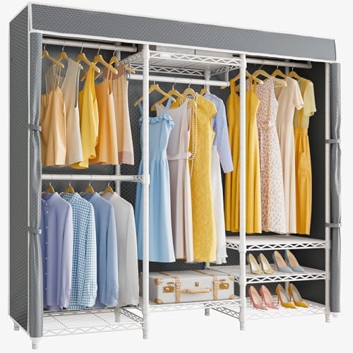 VIPEK V5C Medium Covered Clothes Rack Heavy Duty Portable Closet Wardrobe, Freestanding White Clothing Rack with Grey Upgraded Polyester Cover, Adjustable Custom, 56.7" Lx15.7 Wx76.4 H by VIPEK