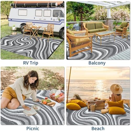 Outdoor Rug 8x10 Waterproof Patio Rugs Modern Abstarct Reversible Mat for Front Door Rv Foldable Plastic Straw Carpet for Travel Trailers, Deck, Porch, Camper, Balcony, Beach，Black/Grey - Image 7
