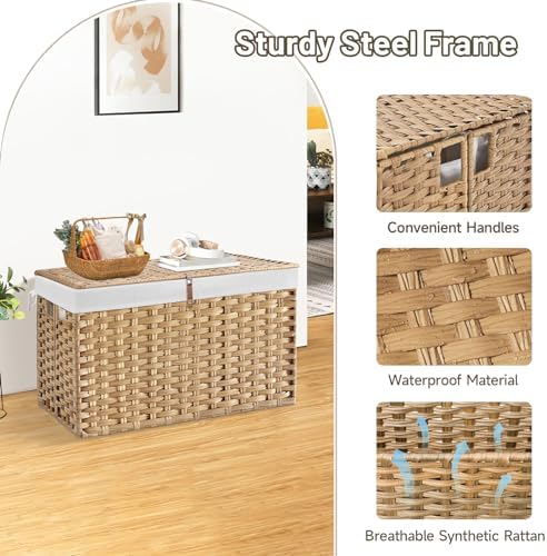 180L Wicker Storage Basket with Lid, Handwoven Rattan Large Shelf Basket with Removable Liner, 47.6 Gallon Wicker Basket for Blanket, Storage Trunk with Handle for Closet, Bedroom, Livingroom, Natural - Image 6