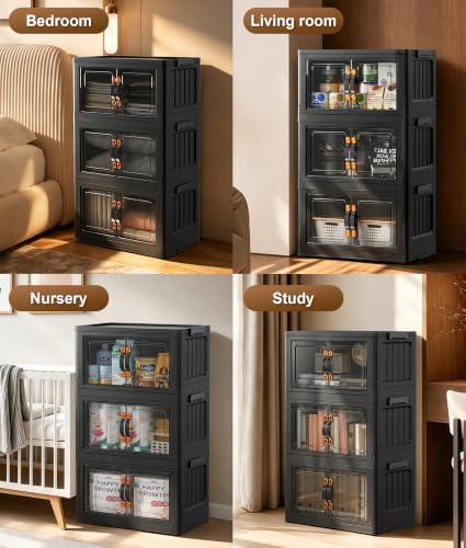 Hanyi 105 QT 3-Tier Stackable Storage Bins with Lids, Black, Clear Doors - Image 6