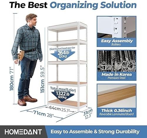 HOMEDANT White 28" W 5 Tier Storage Shelves Garage Shelving Unit Metal - Image 2
