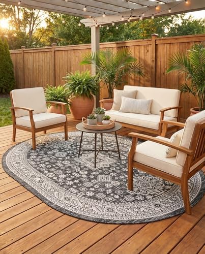 Rugs.com - Outdoor Aztec Rug – 7' 10 x 10' Oval Charcoal Gray Indoor/Outdoor Rug – Weather Resistant for Patios, Decks, and Porches by Rugscom