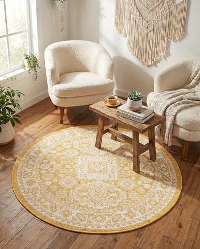 Rugs.com - Outdoor Aztec Rug – 4 Ft Round Yellow Indoor/Outdoor Rug – Flatweave Aztec Design for Patio, Deck, and Porch - Image 4