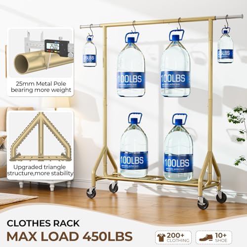 HYSEYY Heavy Duty Clothes Rack Load 450 LBS, Metal Garment Rack, Standing Rolling Clothing Rack for Hanging Clothes with Sturdy Wheels & Shelves, Portable Closet Wardrobe Rack,Gold - Image 2