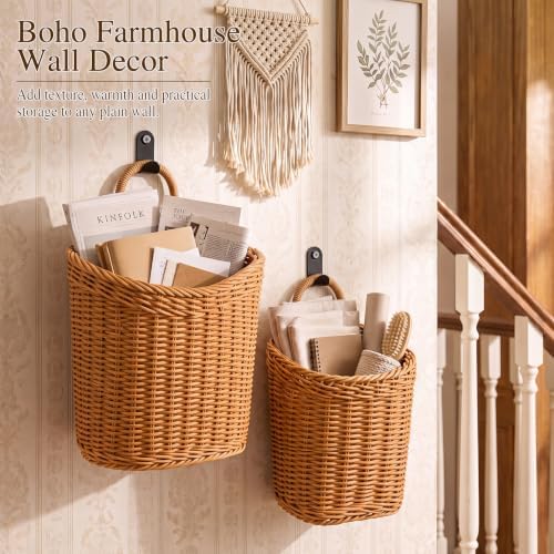 4 Pcs Hanging Wicker Wall Baskets with Hooks Woven Storage Baskets - Image 2