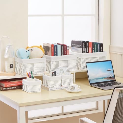 Vagusicc Wicker Storage Basket, 6 Pack Baskets for Organizing, Wicker Baskets with Handle, Rectangular Wicke Basket for Storage Shelves, Cube Storage Bins for Closet/Clothes/Dresser, White - Image 5