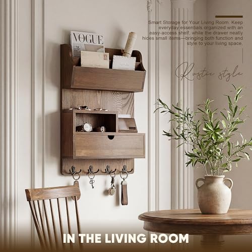 Rebee Vision Pine Wood Key Holder Wall Mount with Drawer & 4 Hooks, Brown - Image 5