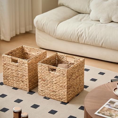 Handwoven Water Hyacinth Storage Baskets set of 4 Foldable Cube Bins Storage Oragnizer for Cabinet Shelf Bedroom Living Room (Natural, 13" L x 13" W x 13" H) - Image 4