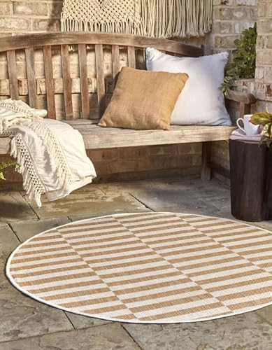 Unique Loom Outdoor Striped Collection Area Rug - Striped (7' 10" Round Taupe/Ivory) - Image 4