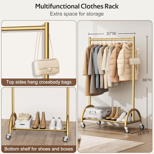 MISSLO Heavy Duty Clothing Rack with Wheels Rolling Clothes Racks for Hanging Clothes, Coats, Garment, Dress, Gold, 30" W - Image 5