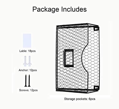 PAG-Mass 6 Pockets Hanging File Holder Wall Mount Mail Organizer Metal Chicken Wire Magazine Rack with Tag Slot, Black - Image 3