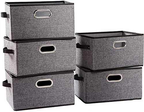 PRANDOM Large Collapsible Storage Baskets for Closet [5-pack] Decorative Fabric Storage Bins Cubes with Leather/Metal Handles for Shelves Bedroom Living Room Grey (14.9x9.8x8.3 Inch) by Prandom
