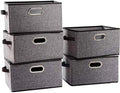 PRANDOM Larger Collapsible Storage Bins for Closet [5-pack] Decorative Linen Fabric Storage Baskets Cubes with Leather/Metal Handles for Living Room Grey (17.3x12.2x10.4 Inch) by Prandom