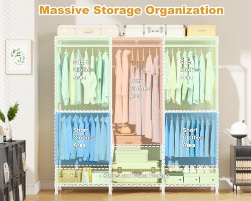 ULIFHOME E14C Heavy Duty Closet Organizer System，Freestanding Clothing Racks for Hanging Clothes，Adjustable Garment Rack 58" W × 16" D × 77" H Hold 860 lbs，White Rack with White Cover - Image 3