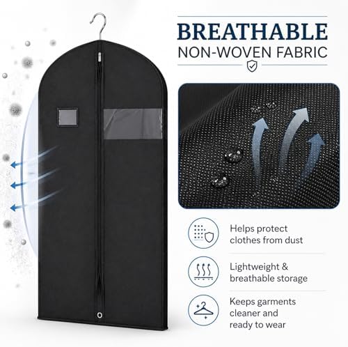 25 Pack Black Non-Woven Garment Bags for Hanging Clothes, 24 x 43 Inch Suit Bags with Clear Window and ID Card Holder, Dustproof Clothes Covers with Zipper for Suits Coats, Jackets, Dresses and Shirts - Image 4