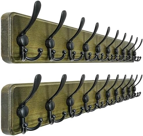 Dseap Coat Rack Wall - Heavy-Duty 38-1/4" Long, with Reinforced 10 Custom Tri-Hooks, Solid Wood Wall Hanger for Coats Hat Jackets - Rustic Farmhouse Entryway Storage,Weathered Green & Black,Pack of 2 by Dseap
