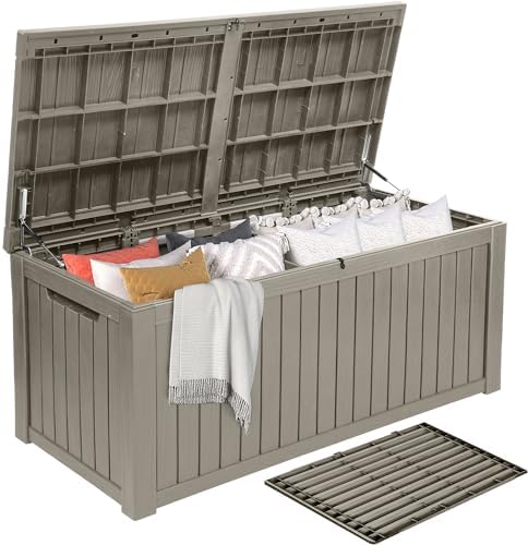 DWVO 180 Gallon XL Deck Box with Divider & Lockable Lid, Waterproof Resin Outdoor Storage for Patio, Garden, Poolside, Cushions, Supplies & Sports Gear, Light Brown by DWVO