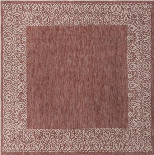 Unique Loom Outdoor Border Collection Area Rug - Floral Border (10' 8" Square Rust Red/Ivory) - Image 3