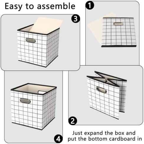 Fabric Cubby Storage Bins,13x13x13 Inches,Cube Organizer Bin Foldable Storage Boxes with Dual Handles Fabric Organizer Box and collapsible Storage basket,Set of 6,White grid - Image 6