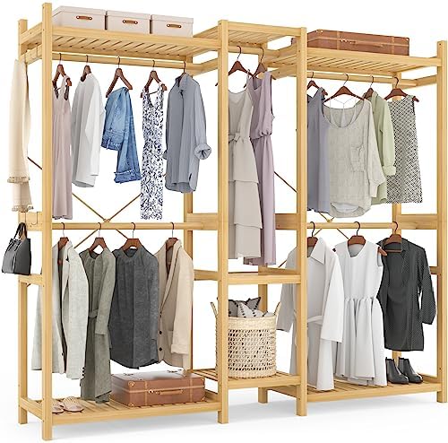 Homykic Bamboo Clothing Rack with 7 Shelves, 5 Hang Rods, 70” Wide, Natural by Homykic