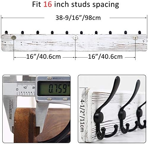 WEBI Coat Rack Wall Mount,38 9/16" Long,10 Hooks,Large Coat Hooks Wall Mounted,Coat Hanger Wall,Farmhouse Wood Hook Rack Rail,Triple Hooks for Hanging Coats,Clothes,Jacket,Black/White - Image 3