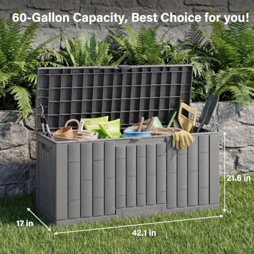 EAST OAK Outdoor Storage Box, 60 Gallon Deck Box Indoor and Outdoor Use, Waterproof Resin Storage Bin for Patio Cushions, Gardening Tools, Lockable, UV Resistant, Ash Grey - Image 2