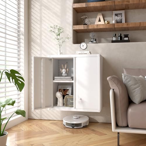 GREATMEET Metal Wall Cabinet, Wall Mounted Storage Cabinet with Lock for Garage Storage, White Floating Cabinet with Doors and Adjustable Shelf for Utility Room - Image 4