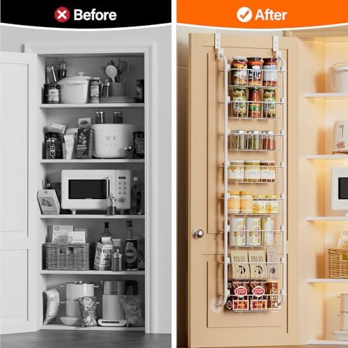 Delamu Narrow Over The Door Pantry Organizer, 8-Tier Metal Pantry Door Organization and Storage for Easy Install, Hanging Spice Rack Shelves, Door Organizer for Kitchen, 4.65"D x 13"W x 65"H, White - Image 5