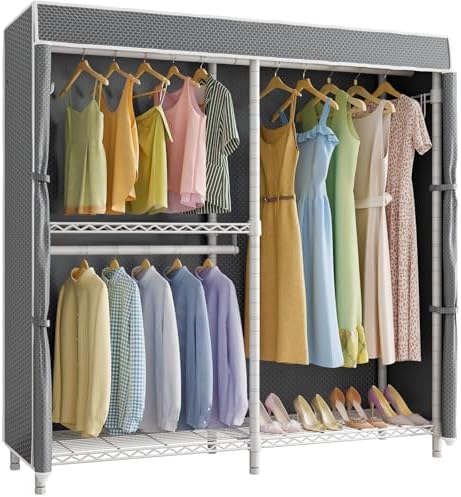 VIPEK V4C Heavy Duty Adjustable Clothing Rack, White Metal Closet Rack with Grey Cover, 57.9" L x 17.3" W x 76.4" H, 3 Hanging Rods & Side Hooks, Portable Closet by VIPEK