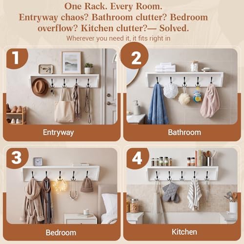 Geelin 35 Inch Wall Shelf with Hooks and Shelf Organizer Wall Mount Coat Rack with 5 Triple Hooks for Hanging for Entryway, Hallway, Bathroom, Living Room, Bedroom, White - Image 6