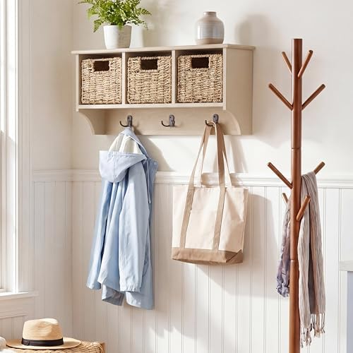 SAFAVIEH Home Collection - Finley Sand Wall Mounted 3-Basket Storage Rack with Hooks & Seagrass Baskets (HAC5700E) - Image 2