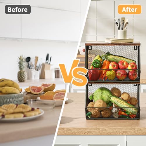 3-Pack Stackable Wire Basket with Wood Lid - Wall Mounted Fruit & Vegetable Bowl for Kitchen, Potato & Onion Storage - Image 2