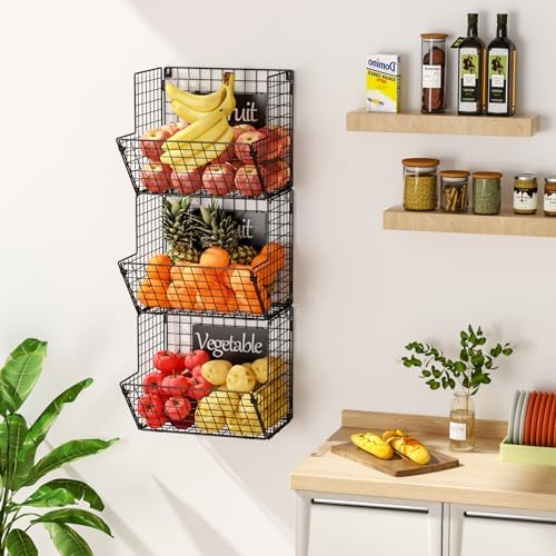X-cosrack Metal Wire Basket Wall Mount, 3 Tier Wall Storage Basket Organizer with Hanging Hooks Chalkboards, Rustic Kitchen Fruit Produce Bin Rack Bathroom Tower Baskets (Black) - Image 2