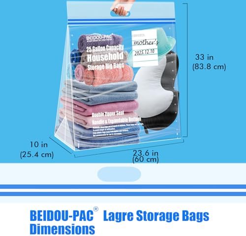 BEIDOU-PAC 25 Gallon Jumbo Storage Bags with Handle, 30 Counts | Double Zipper Seal | Expandable Bottom, Resealable Clear zip Bags for Home Travel, Moving, Commercial and Outdoor - Image 2