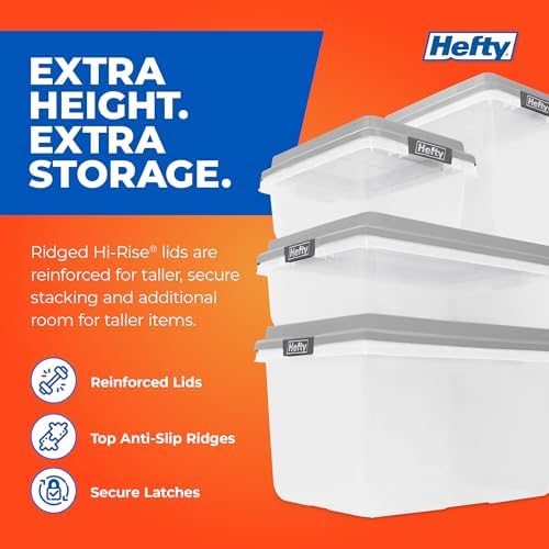 Hefty 18 Qt Hi-Rise Storage Bin with Lid, Stackable Plastic Storage Container, Organizer for Home, Garage & Closet, 8 Pack, Gray - Image 2