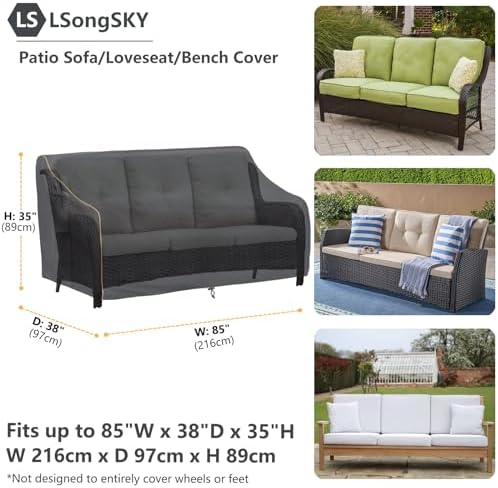 Patio 3-Seater Sofa Cover,Outdoor Couch Cover Fits up to 85W x 38D x 35H Inches,100% Waterproof Heavy Duty Patio Furniture Covers,Black - Image 3