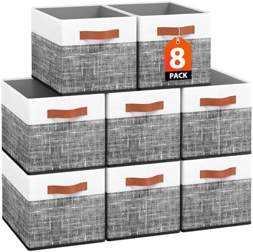 Fab totes Collapsible Storage Baskets for Shelves,14"x10", 8 Pack Foldable Fabric Storage Bins with Double Leather Handles, Large Baskets for Organizing Books, Clothes, White & Black by Fabtotes