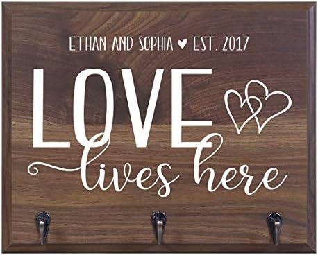 Rooms Organized Personalized Love Lives Here Wall Mounted Coat,Hat, Key and Pet Collar Rack Storage with 3 Metal Hooks 15" w x 12" h 4.25" deep (Love Lives Here) - Image 2