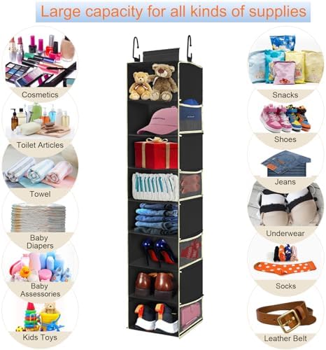 2 Pack Large-Sized Hanging Shoe Organizer 8-Shelf, Hanging Closet Organizer with 8 Side Pockets, Wider Hanging Shelves for Storage Shoes Clothes 9" W × 11.8" D× 48" H, Black. - Image 6