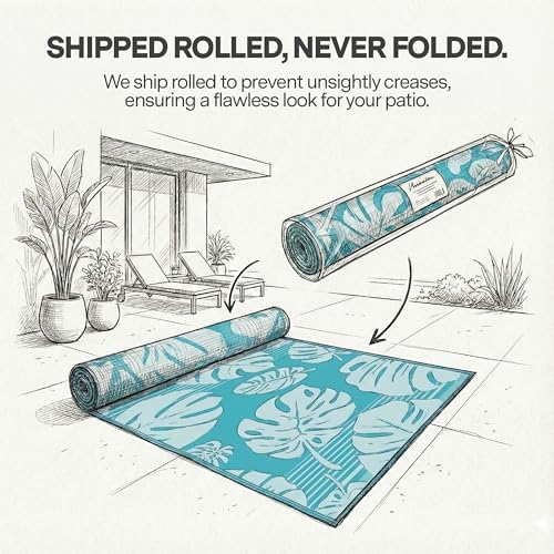 FH Home Outdoor Rug - Waterproof, Fade Resistant, Reversible - Premium Recycled Plastic - Tropical, Botanical - Patio, Deck, Porch, Balcony - Hana Leaves - Blue Crease Free - 5 x 8 ft - Image 3