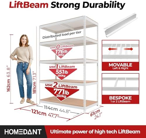 HOMEDANT White 47.7" Deep 5 Tier Storage Shelves Garage Shelving Unit Metal - Image 2